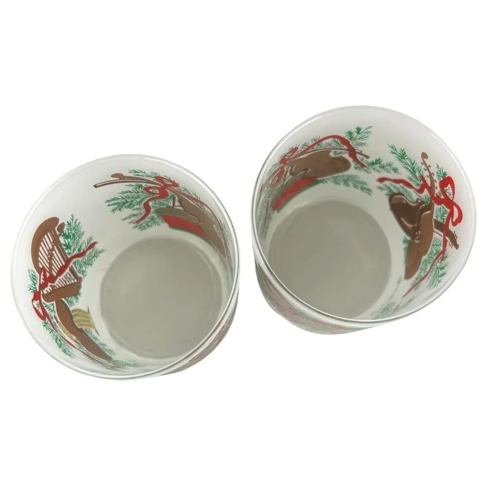 2 Georges Briard Christmas Glasses Frosted Old Fashioned Violin Drum‎ Harp VTG